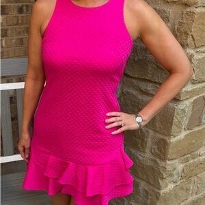 Eliza J| woman sleeveless Textured Dress with ruffles bright pink for spring